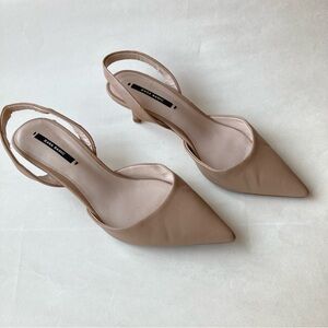 Zara Sling Back Kitten Heels Shoes Nude Women Sz 37 6.5 7 Beige Pointy Toe Tan
